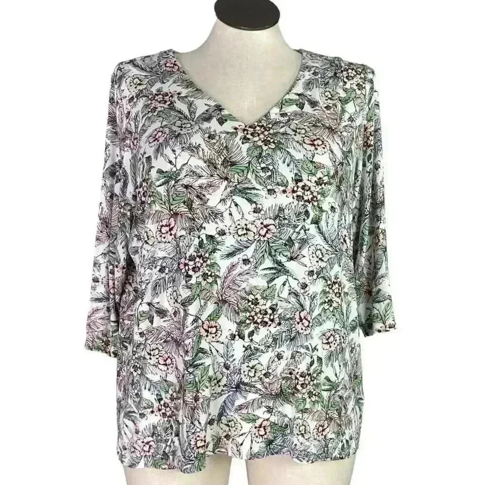 J Jill Top Shirt Womens XL White Multi Floral Stretch Wearever Collection Tunic